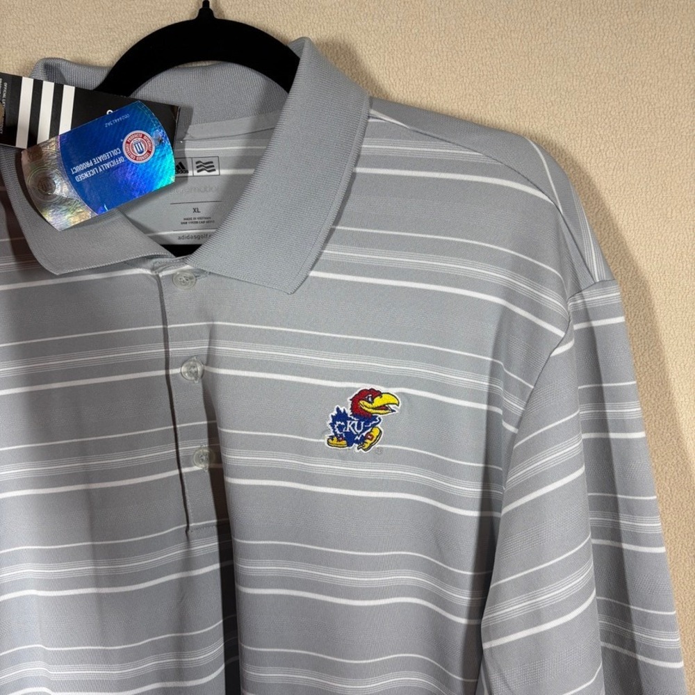 NOS Adidas Puremotion Golf Kansas Jayhawks Polo Shirt Mens XL Grey Striped FLAW‎